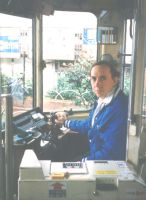 Mark at the controls of a Tokyo Streetcar